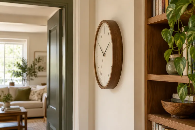 Round analog wall clock mounted between a doorway and a bookcase