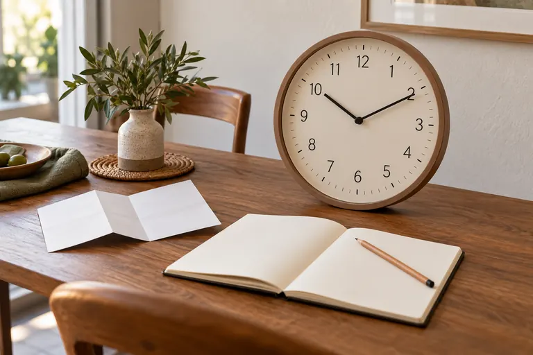 Analog clock beside an open notebook and folded leaflet