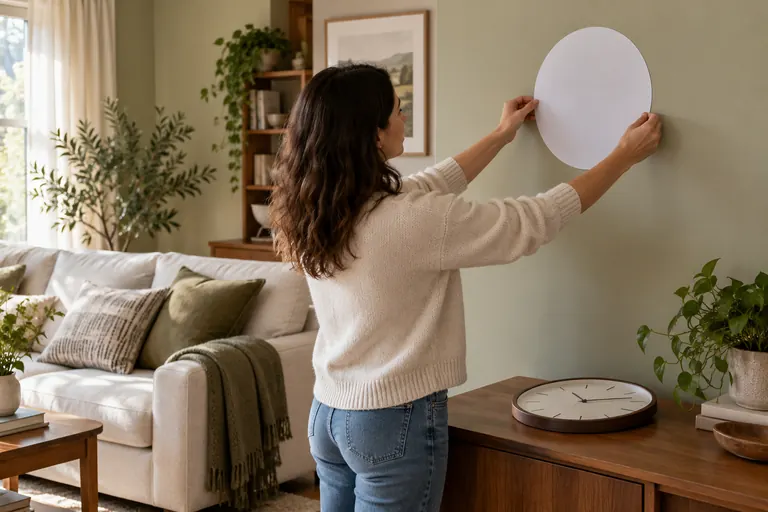 Person holding a round paper outline against a wall before hanging a clock