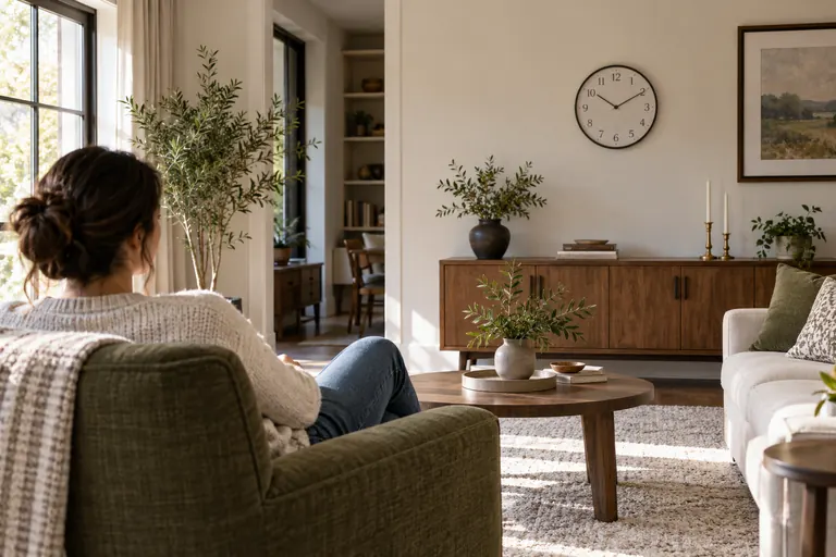 Person seated across a living room from an analog wall clock