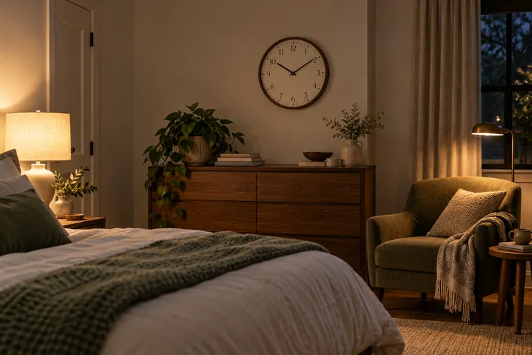 Analog wall clock in a softly lit bedroom