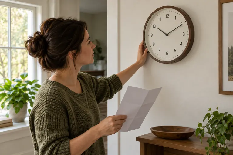 Person holding a leaflet while reaching toward a wall clock
