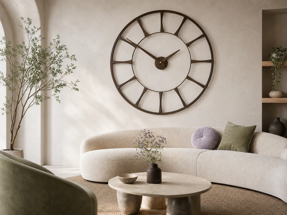 Large decorative analog wall clock above a sofa in a living room